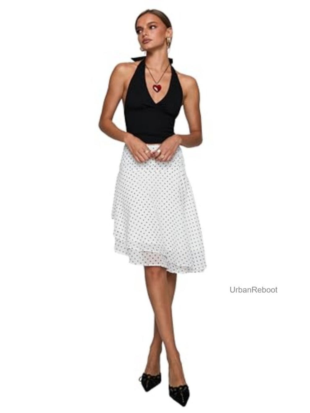 Princess Polly Women's Asymmetrical Midi Skirt Polka Dot Ruched Waist Tiered Hem